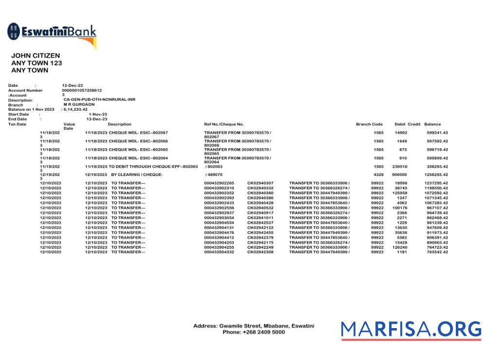 Printable Eswatini Swazibank Limited bank statement word example